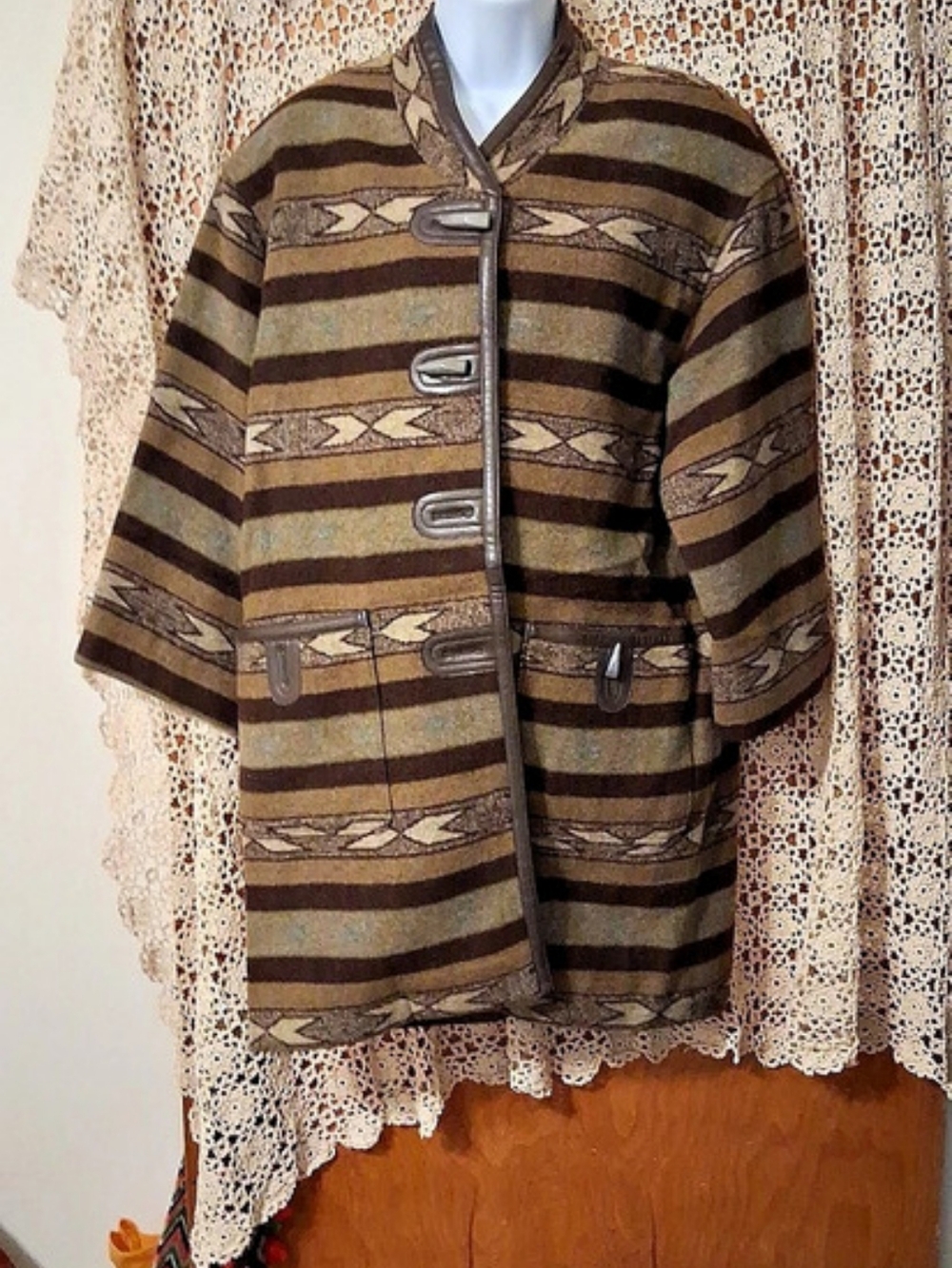 Wool Aztec Print Toggle-Front  Coat
